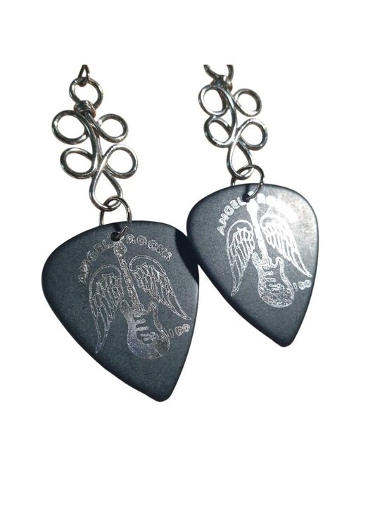 Handmade Jewelry - Guitar Pick Dangle Earrings Angels Rocks Butterfly Design Silver Tone Handmade